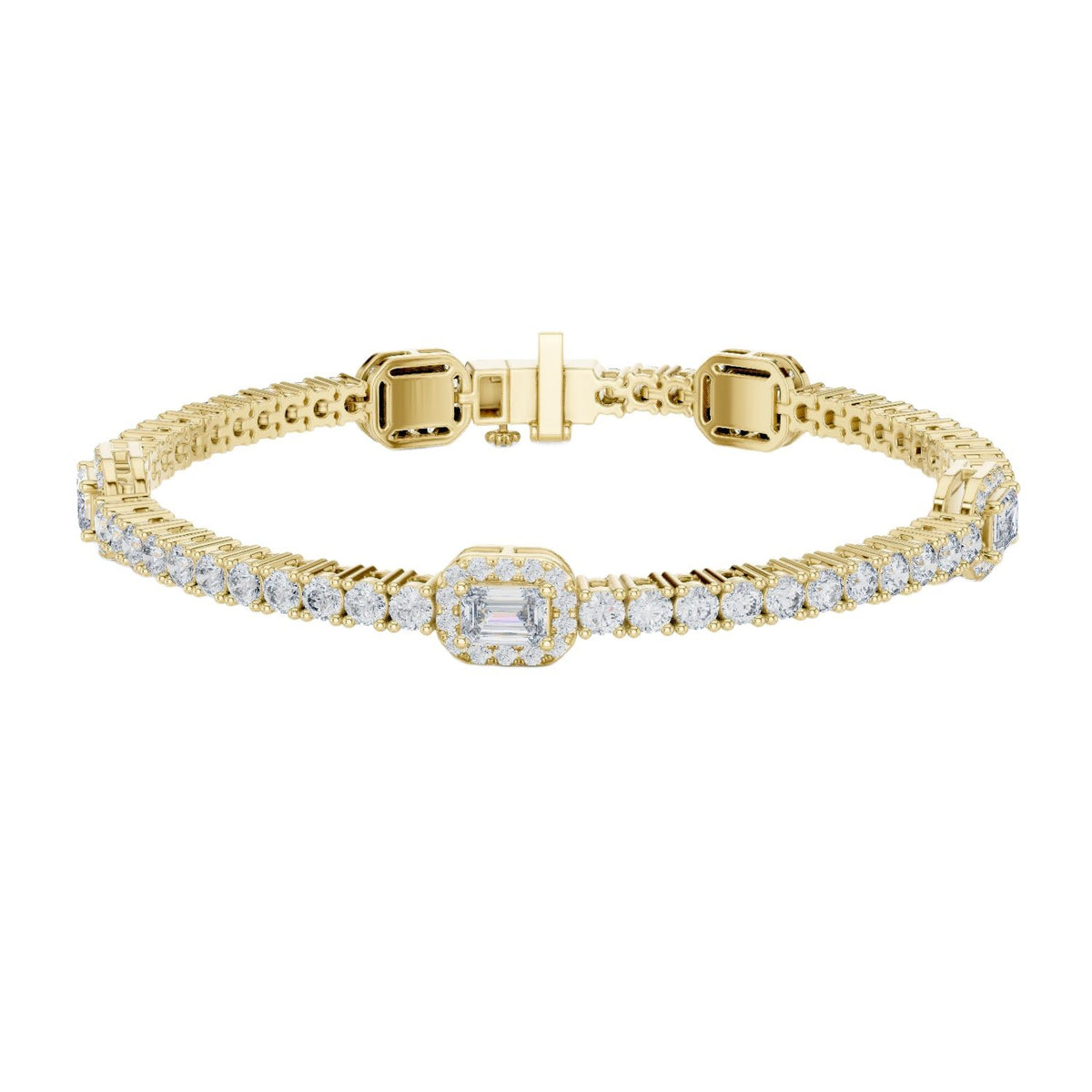 Yellow gold tennis bracelet with emerald-cut diamond center halo and diamond pave
