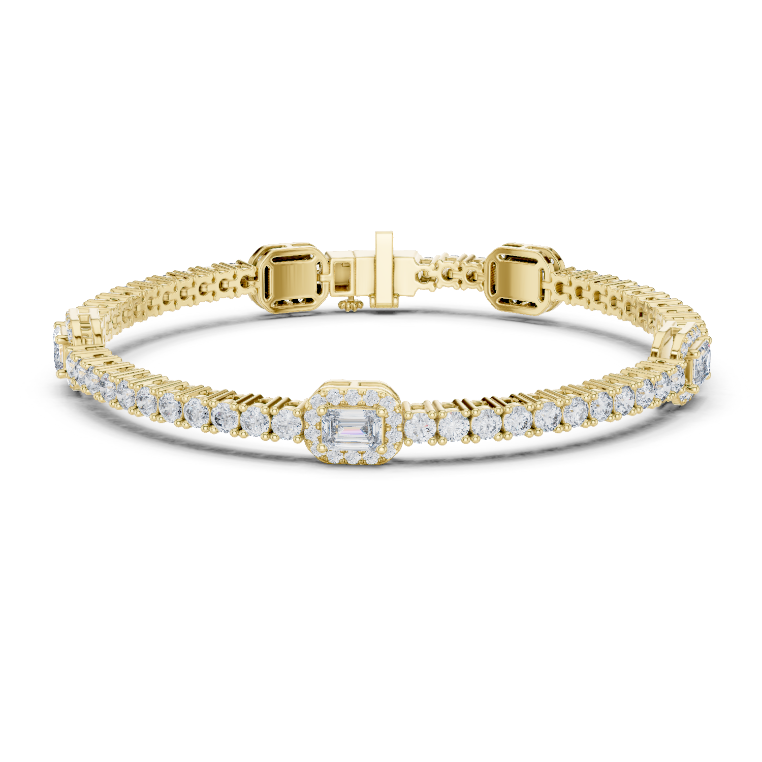 Yellow gold tennis bracelet with emerald-cut diamond center halo and diamond pave