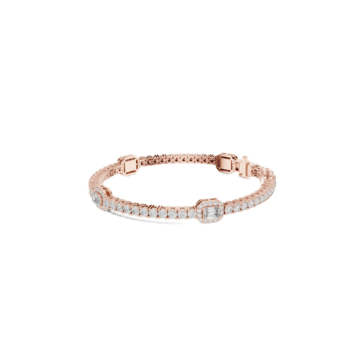 Rose gold bracelet featuring an emerald-cut diamond halo centerpiece and pave