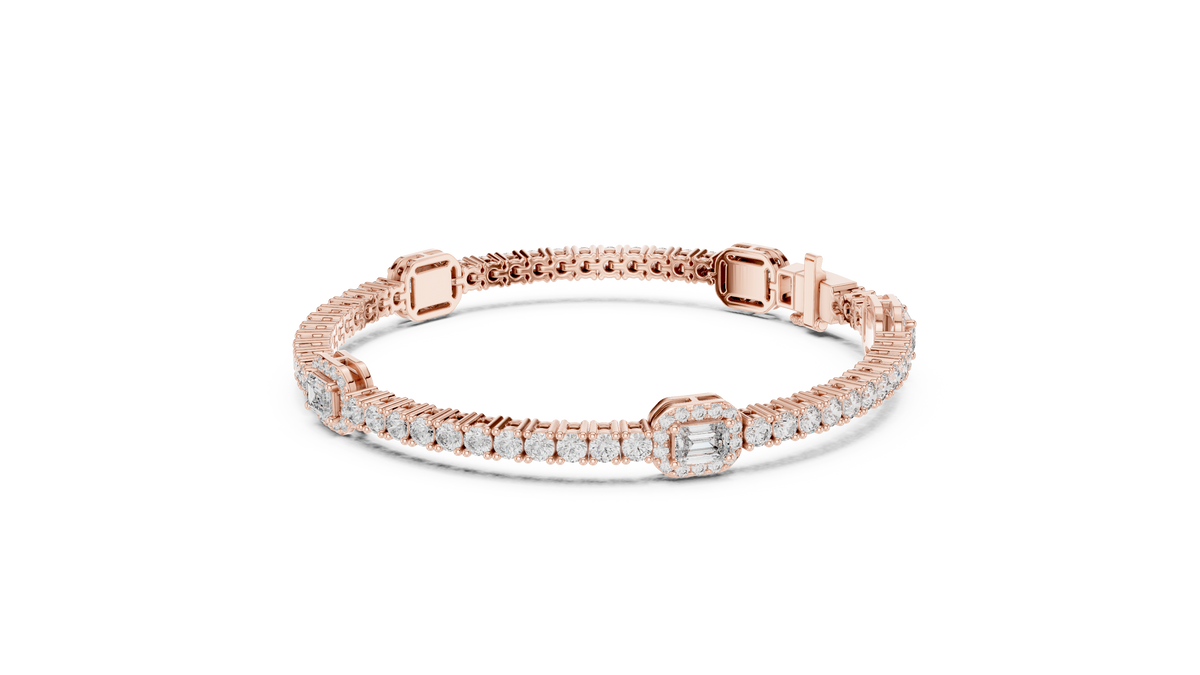 Rose gold bracelet featuring an emerald-cut diamond halo centerpiece and pave