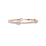 Rose gold tennis bracelet with emerald-cut diamond halo center and diamond pave