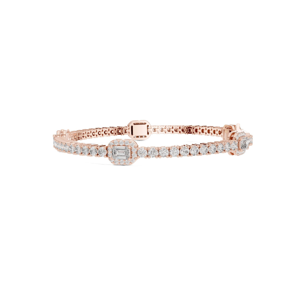 Rose gold tennis bracelet with emerald-cut diamond halo center and diamond pave
