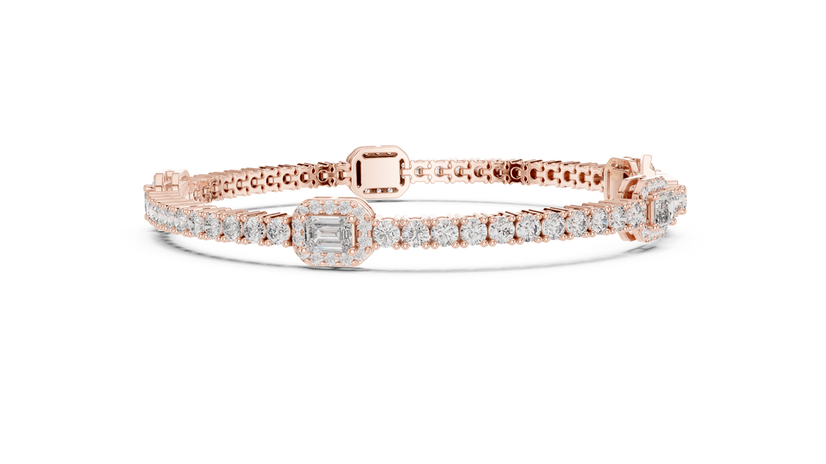 Rose gold tennis bracelet with emerald-cut diamond halo center and diamond pave