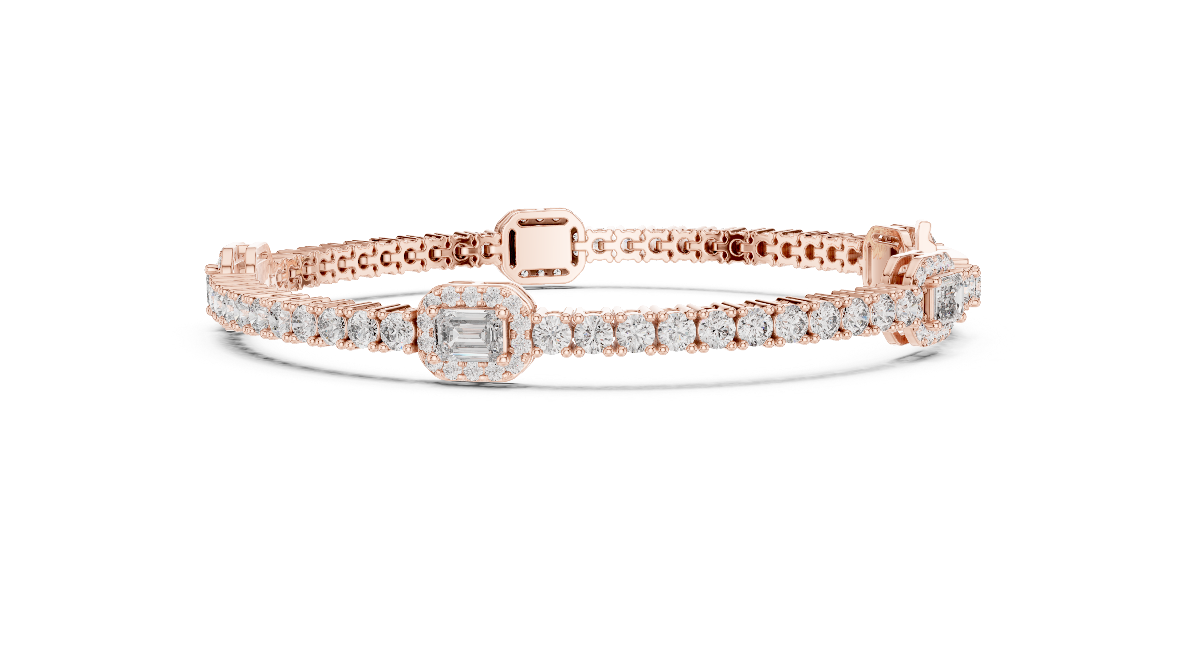 Rose gold tennis bracelet with emerald-cut diamond halo center and diamond pave