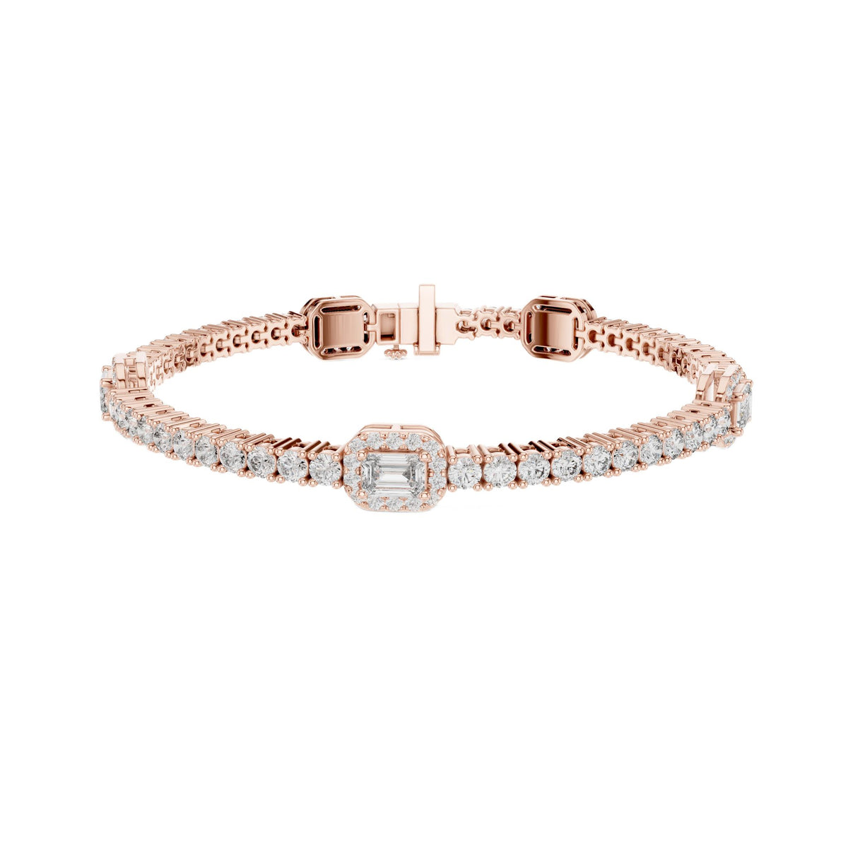 Rose gold tennis bracelet with emerald-cut halo centerpiece and diamond pavé links