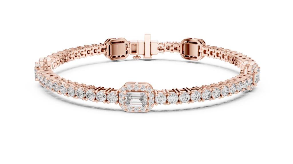 Rose gold tennis bracelet with emerald-cut halo centerpiece and diamond pavé links