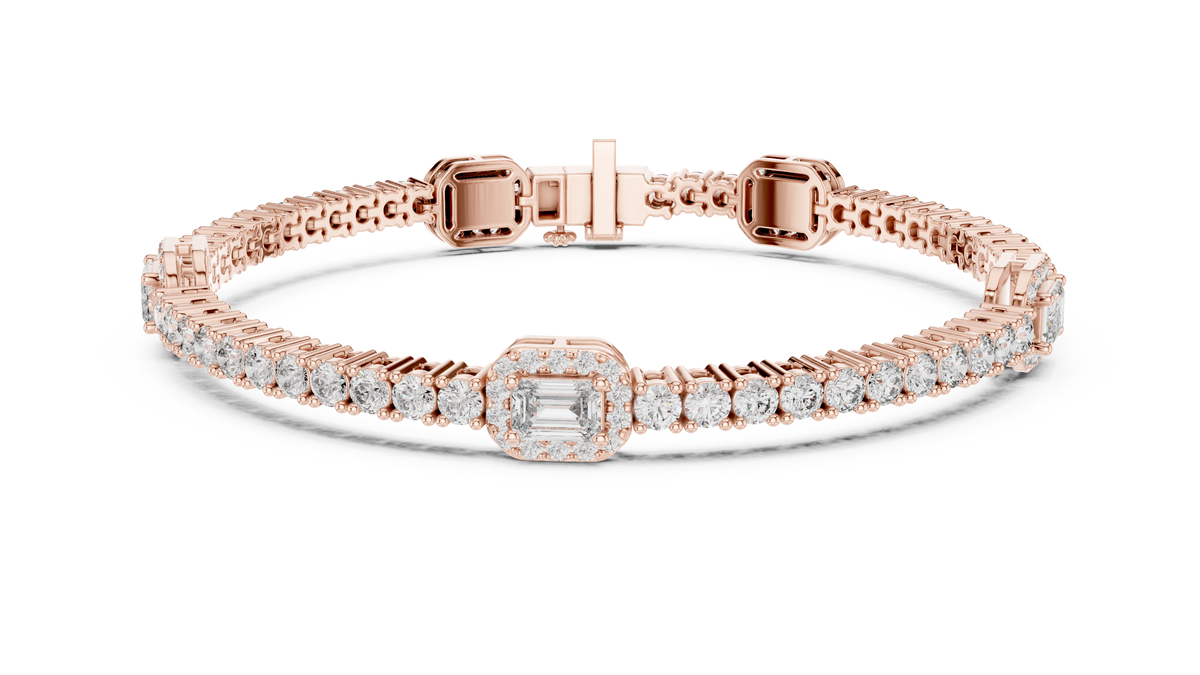 Rose gold tennis bracelet with emerald-cut halo centerpiece and diamond pavé links