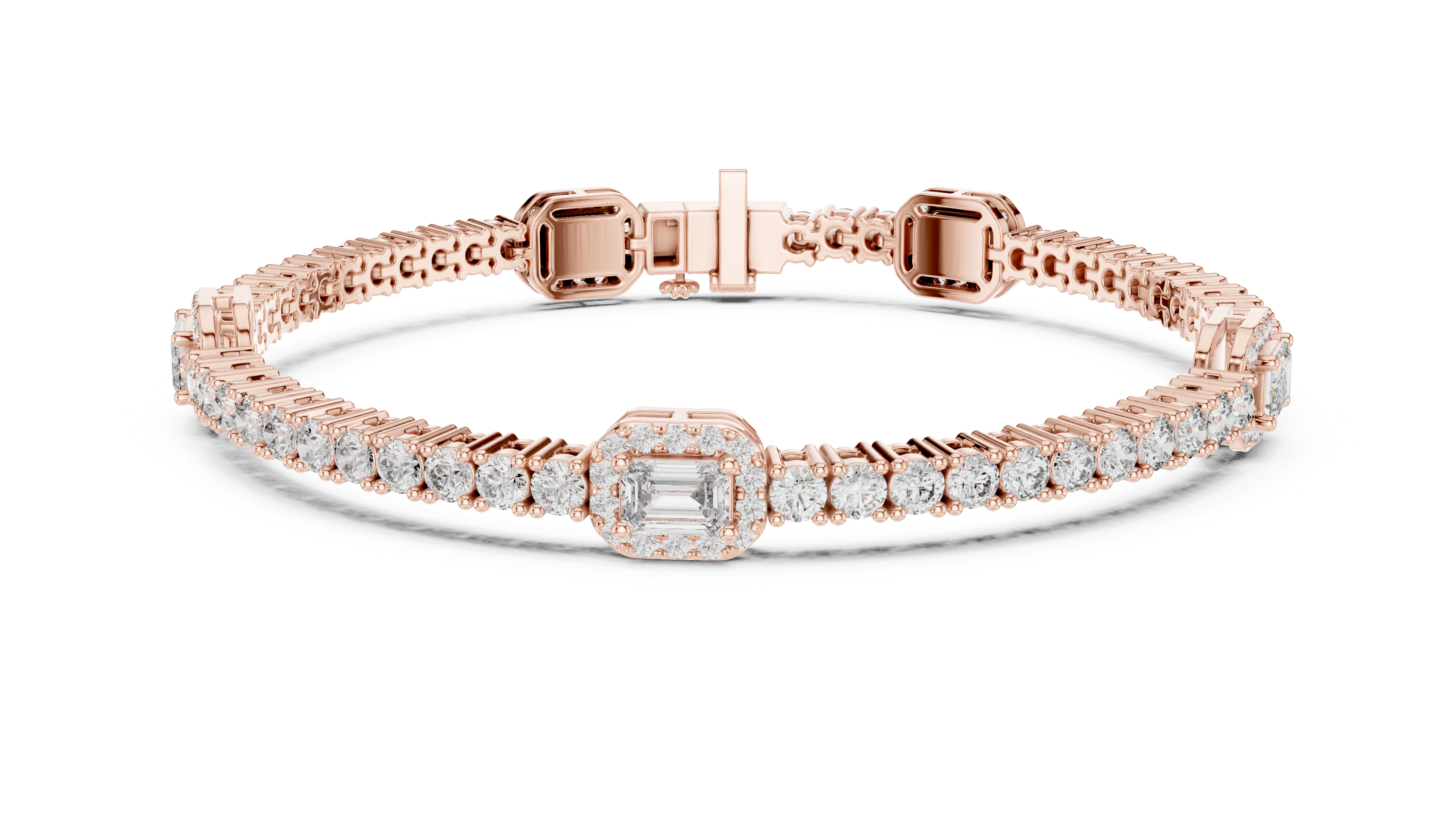 Rose gold tennis bracelet with emerald-cut halo centerpiece and diamond pavé links