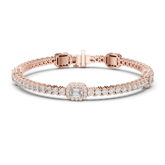 Rose gold diamond tennis bracelet with emerald-cut center stone and round pave diamonds