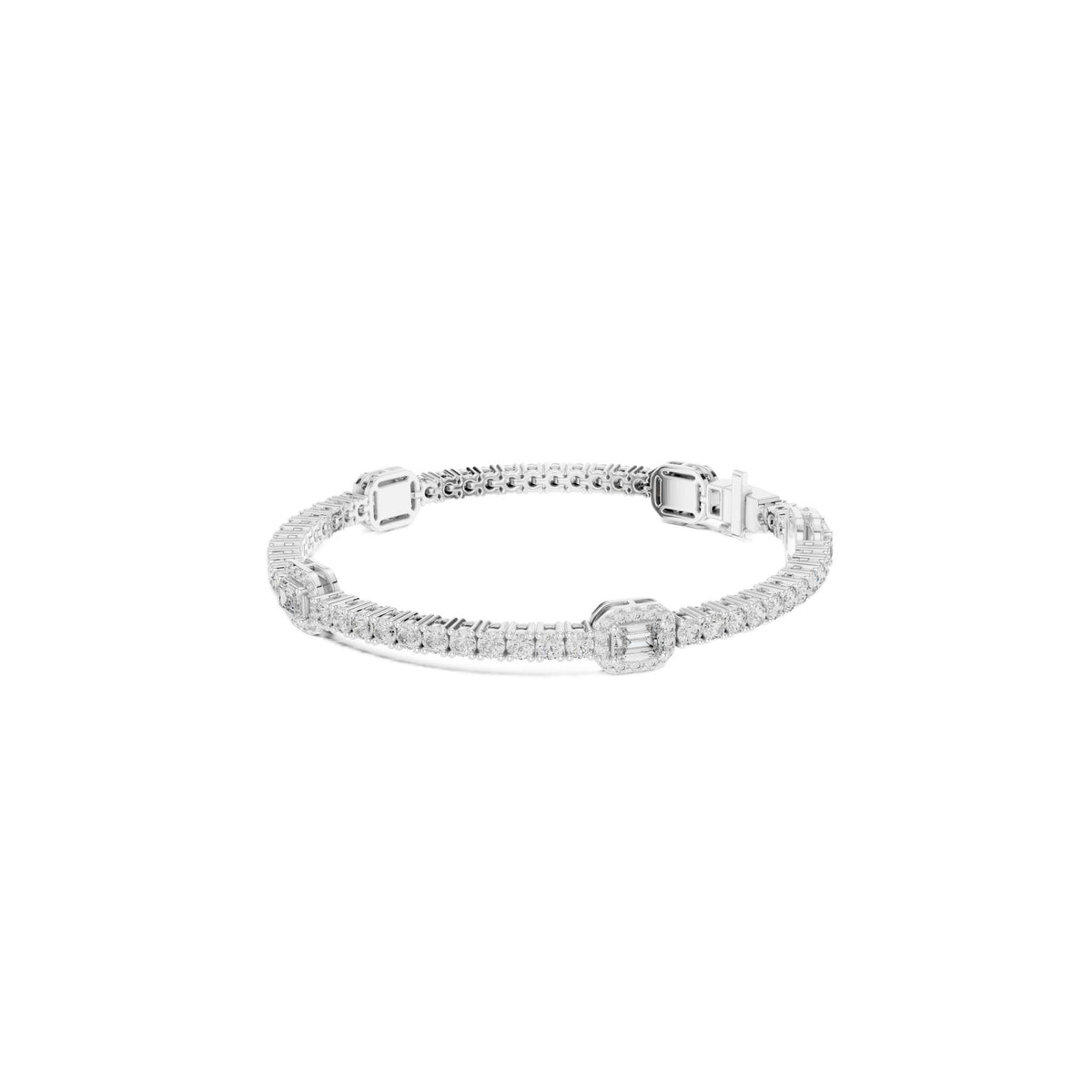 White gold bracelet with emerald-cut diamond halo centerpiece and diamond pave