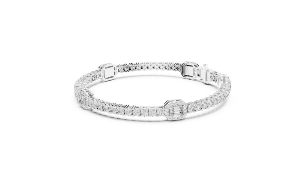 White gold bracelet with emerald-cut diamond halo centerpiece and diamond pave