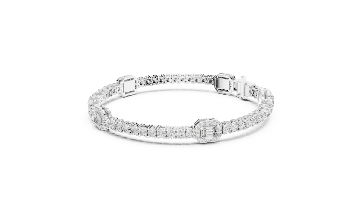 White gold bracelet with emerald-cut diamond halo centerpiece and diamond pave