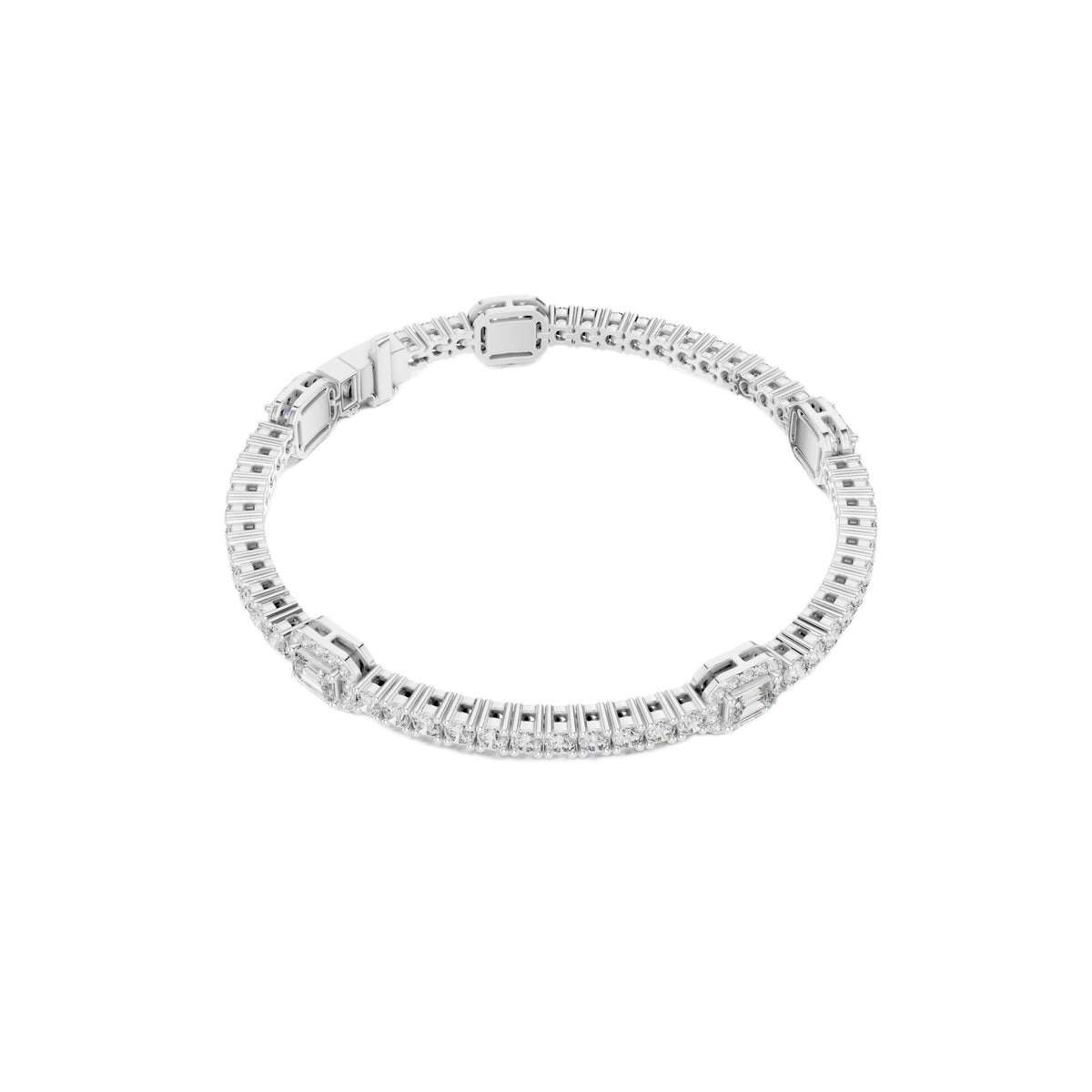 White gold tennis bracelet with rows of diamond pavé and rectangular clasp