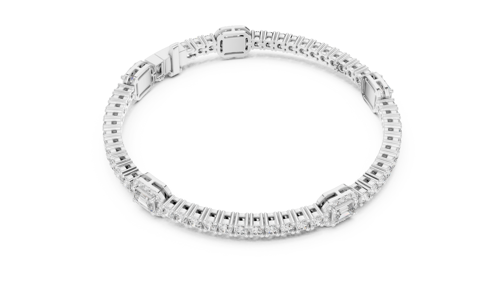 White gold tennis bracelet with rows of diamond pavé and rectangular clasp