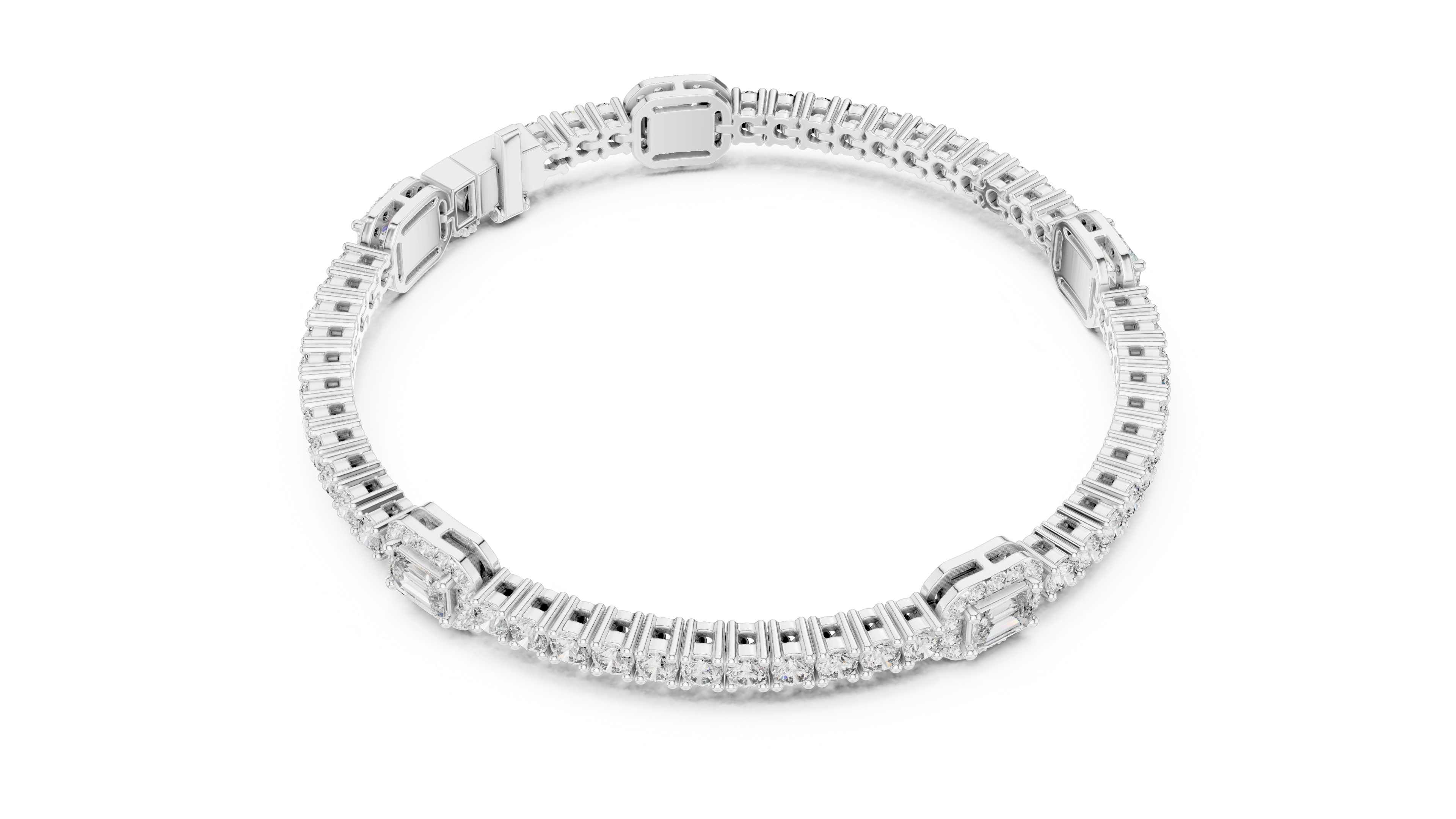 White gold tennis bracelet with rows of diamond pavé and rectangular clasp