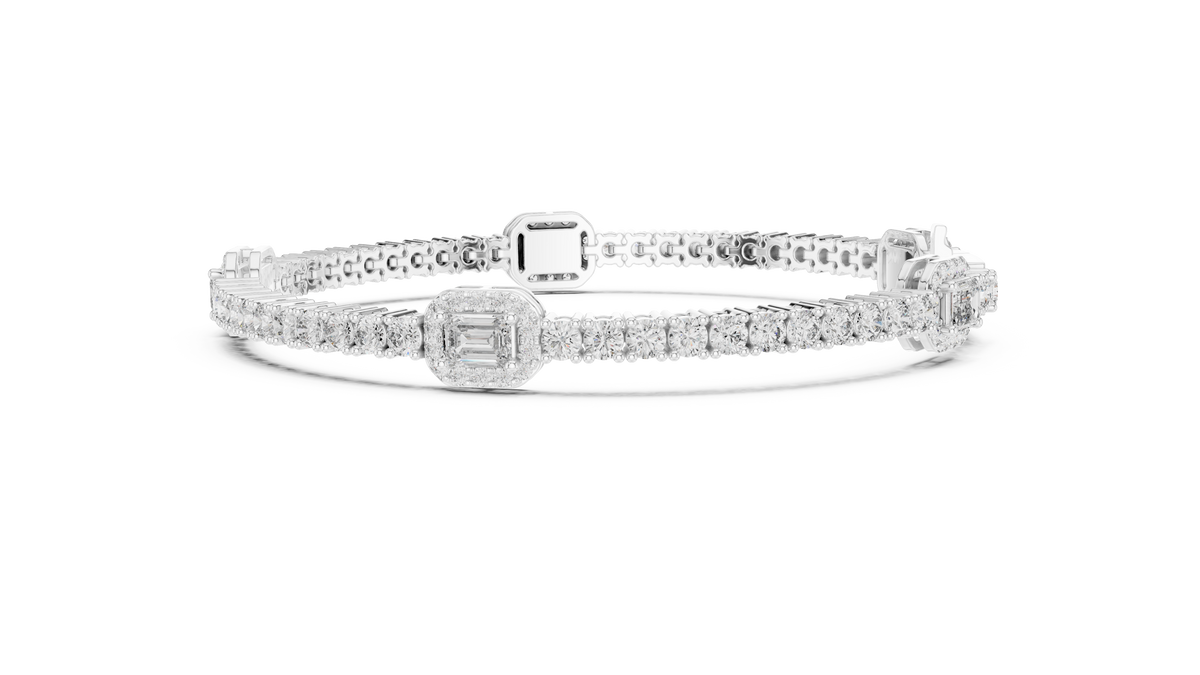 White gold tennis bracelet with emerald-cut diamond halo center and diamond pavé links