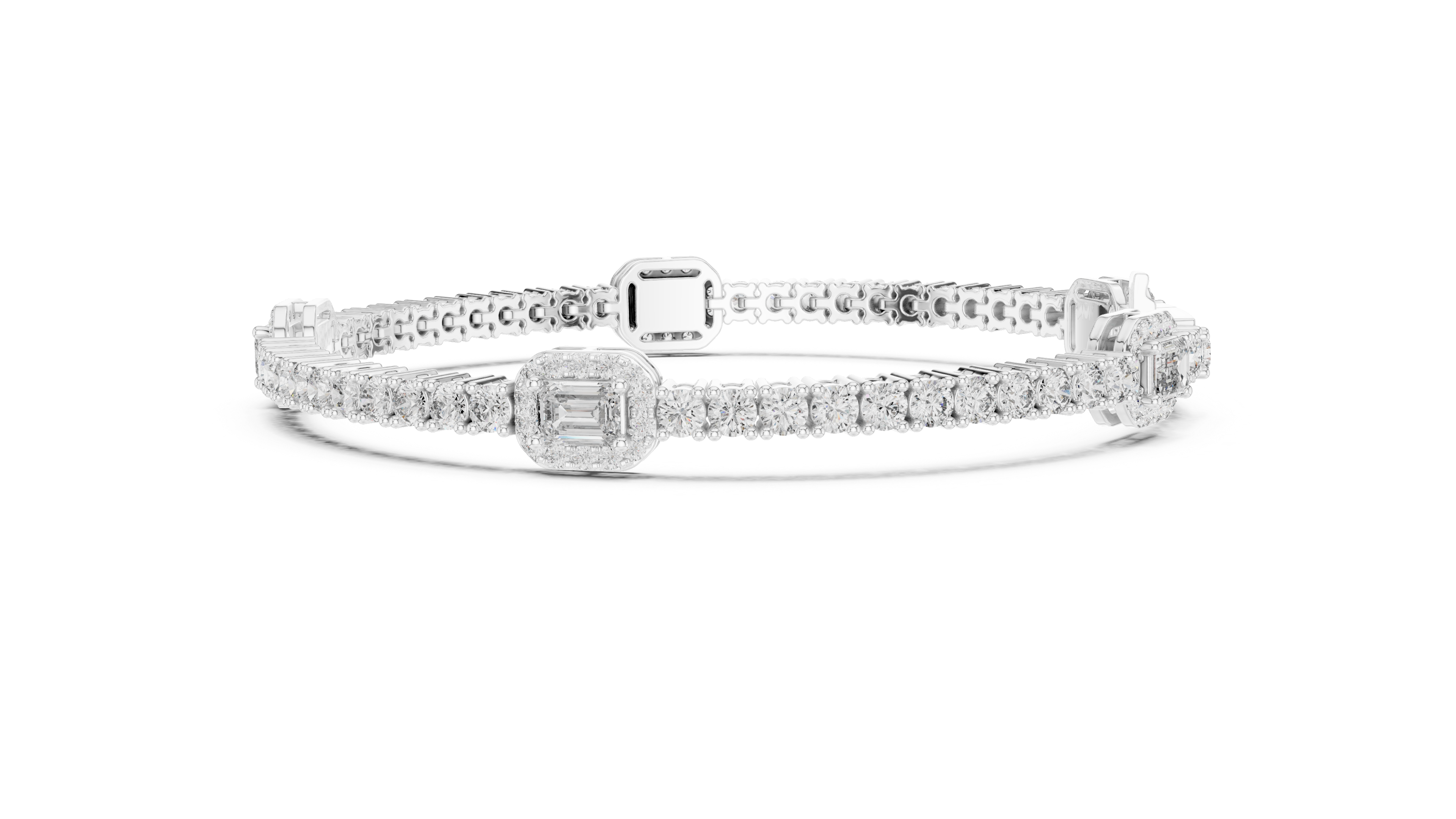 White gold tennis bracelet with emerald-cut diamond halo center and diamond pavé links