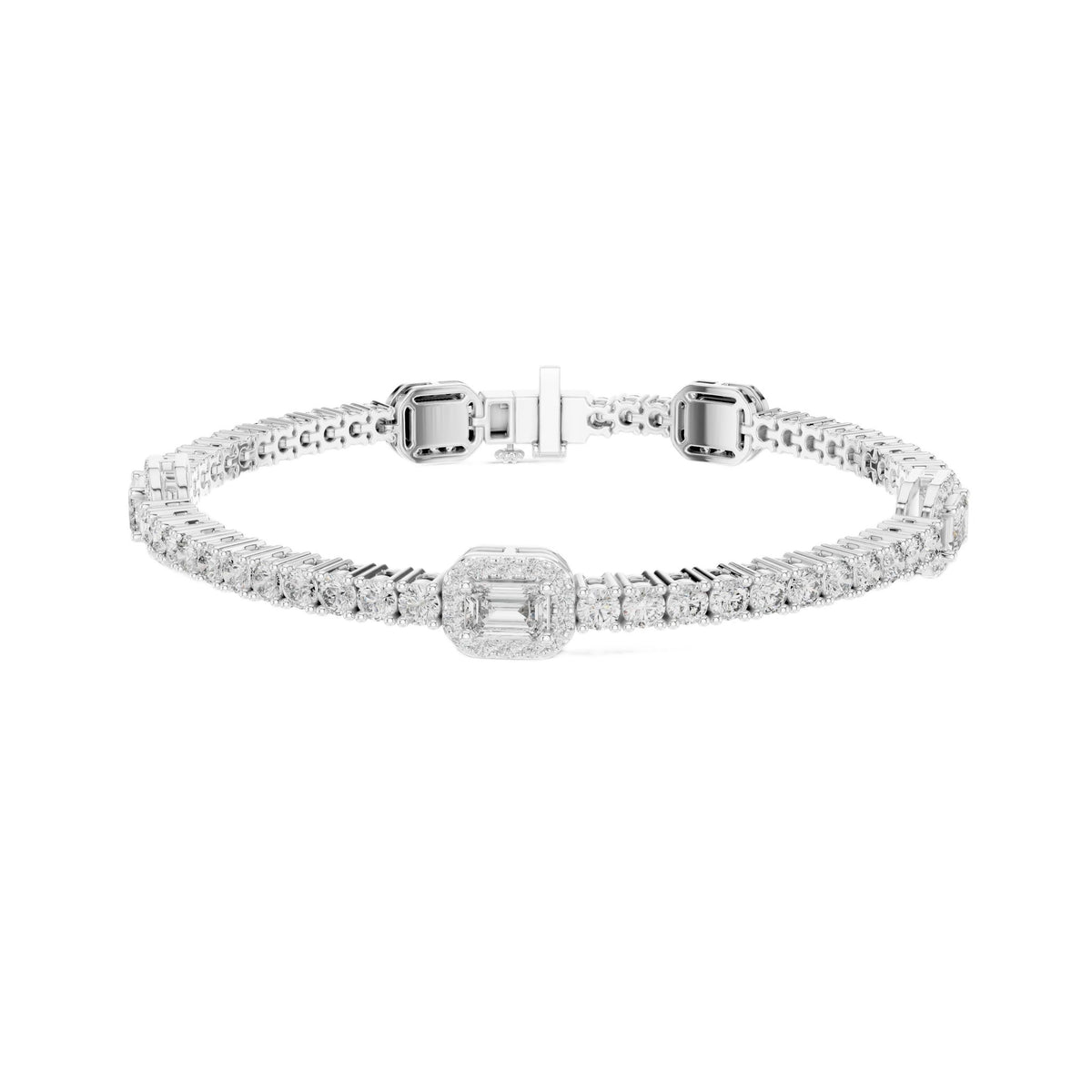 White gold diamond tennis bracelet with emerald-cut center halo and pave links