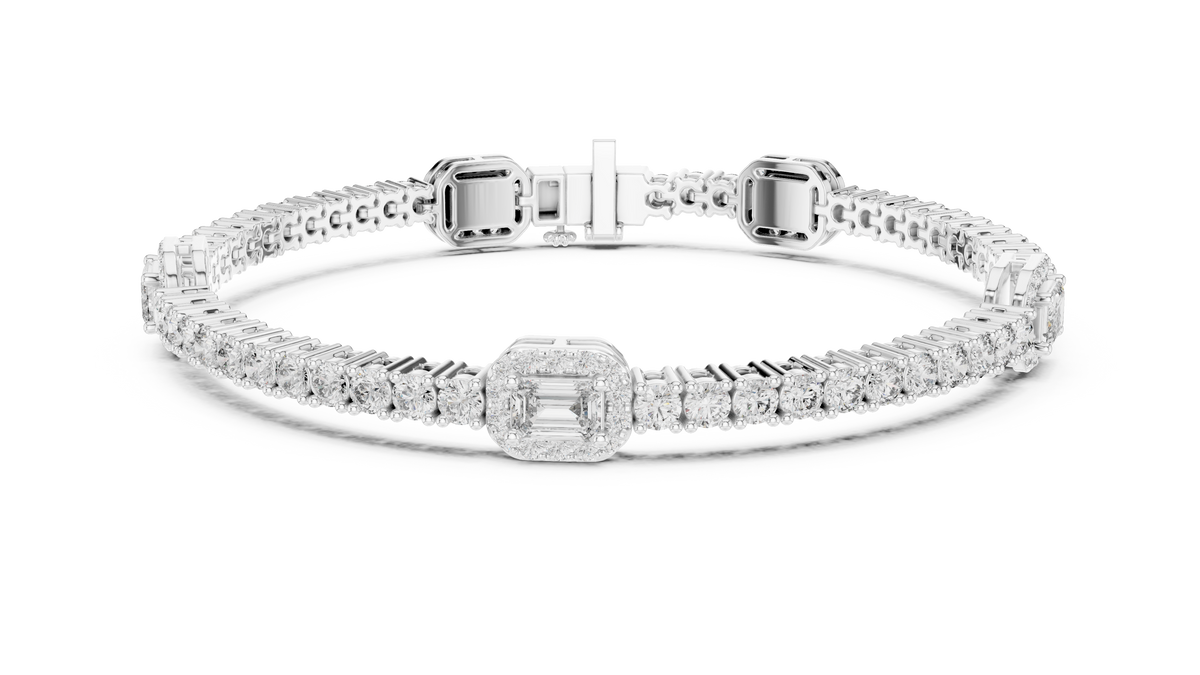 White gold diamond tennis bracelet with emerald-cut center halo and pave links
