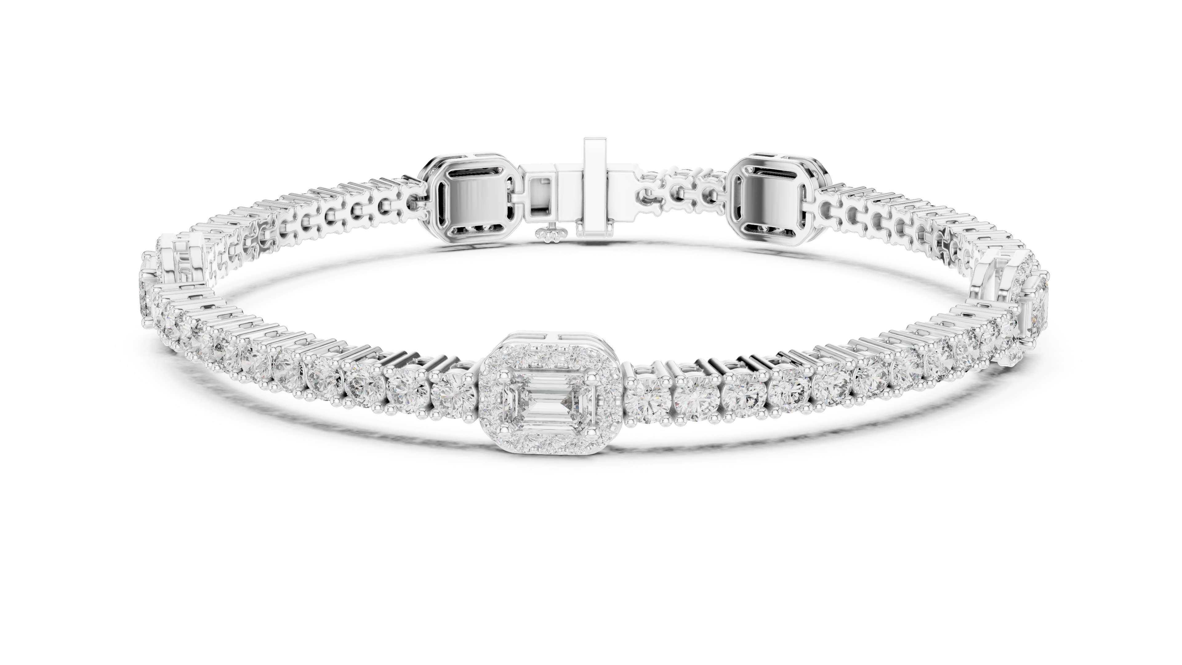 White gold diamond tennis bracelet with emerald-cut center halo and pave links