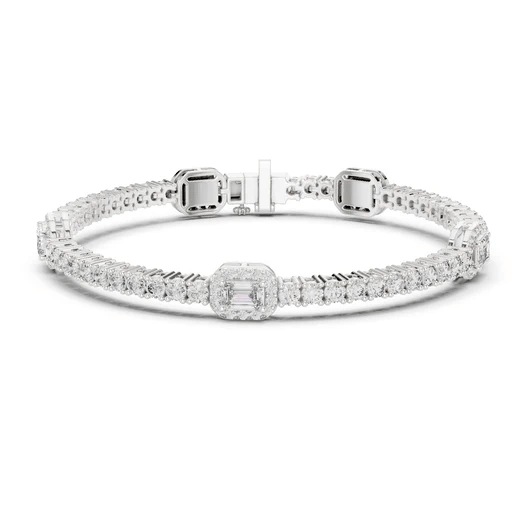 White gold diamond tennis bracelet with emerald-cut center stone and round pave diamonds