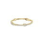Yellow gold diamond tennis bracelet with emerald-cut center stone and pave halo