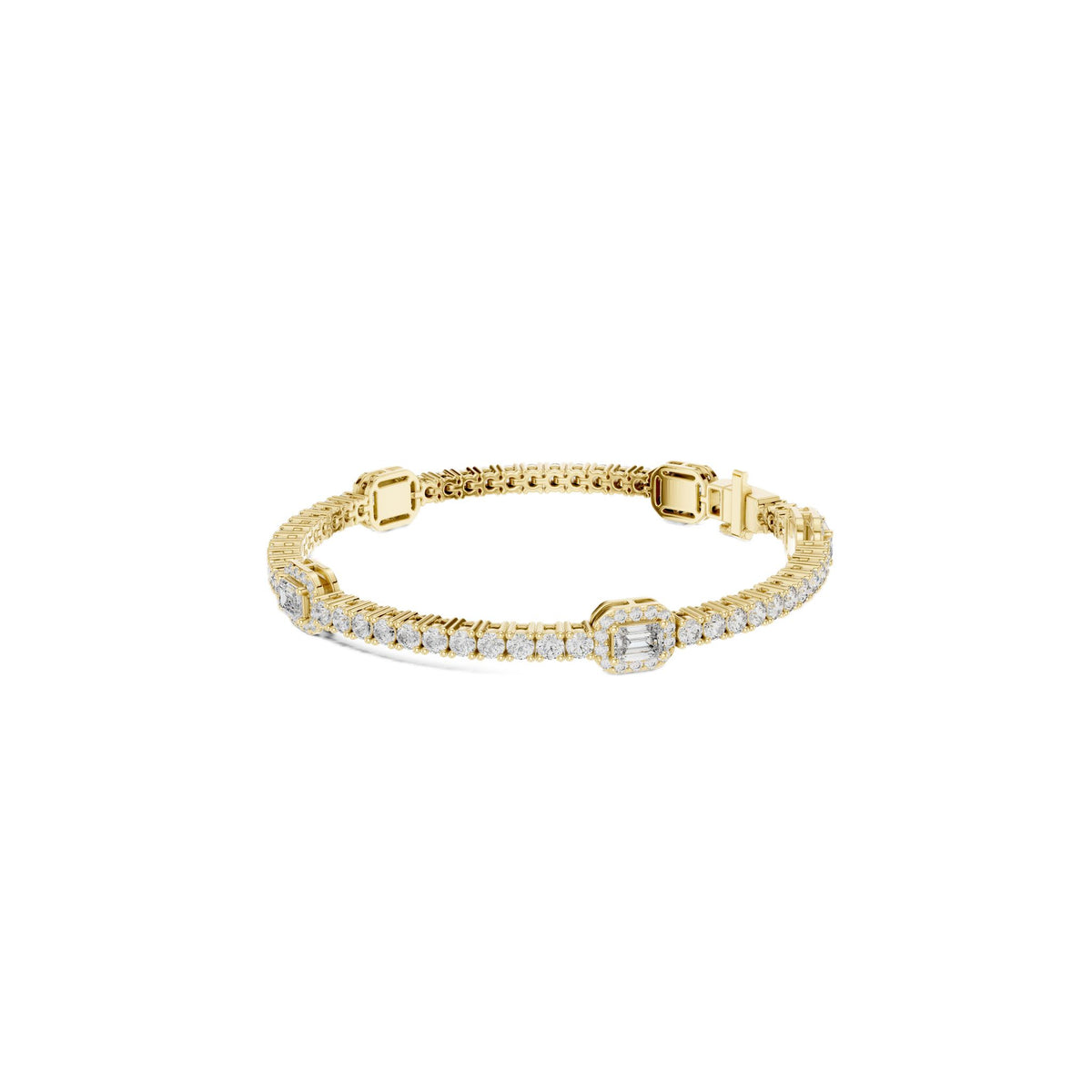 Yellow gold diamond tennis bracelet with emerald-cut center stone and pave halo