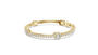 Yellow gold diamond tennis bracelet with emerald-cut center stone and pave halo