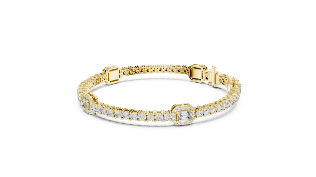 Yellow gold diamond tennis bracelet with emerald-cut center stone and pave halo