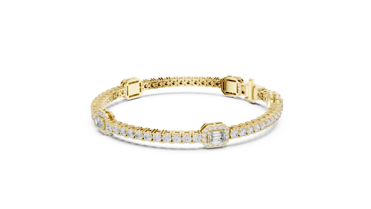 Yellow gold diamond tennis bracelet with emerald-cut center stone and pave halo