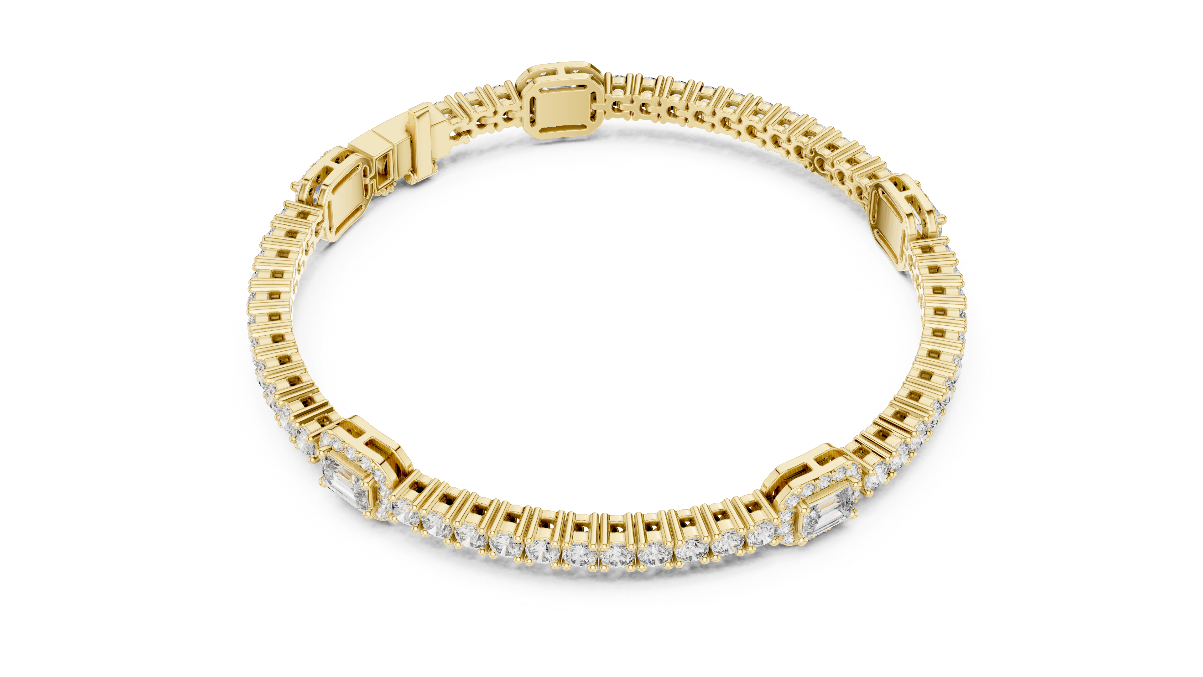 Yellow gold diamond tennis bracelet with emerald-cut center stone and rectangular pave links