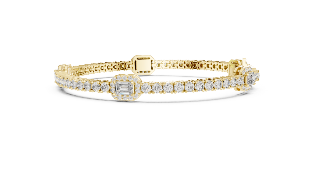Yellow gold and white diamond tennis bracelet with emerald-cut center stone and pave rows