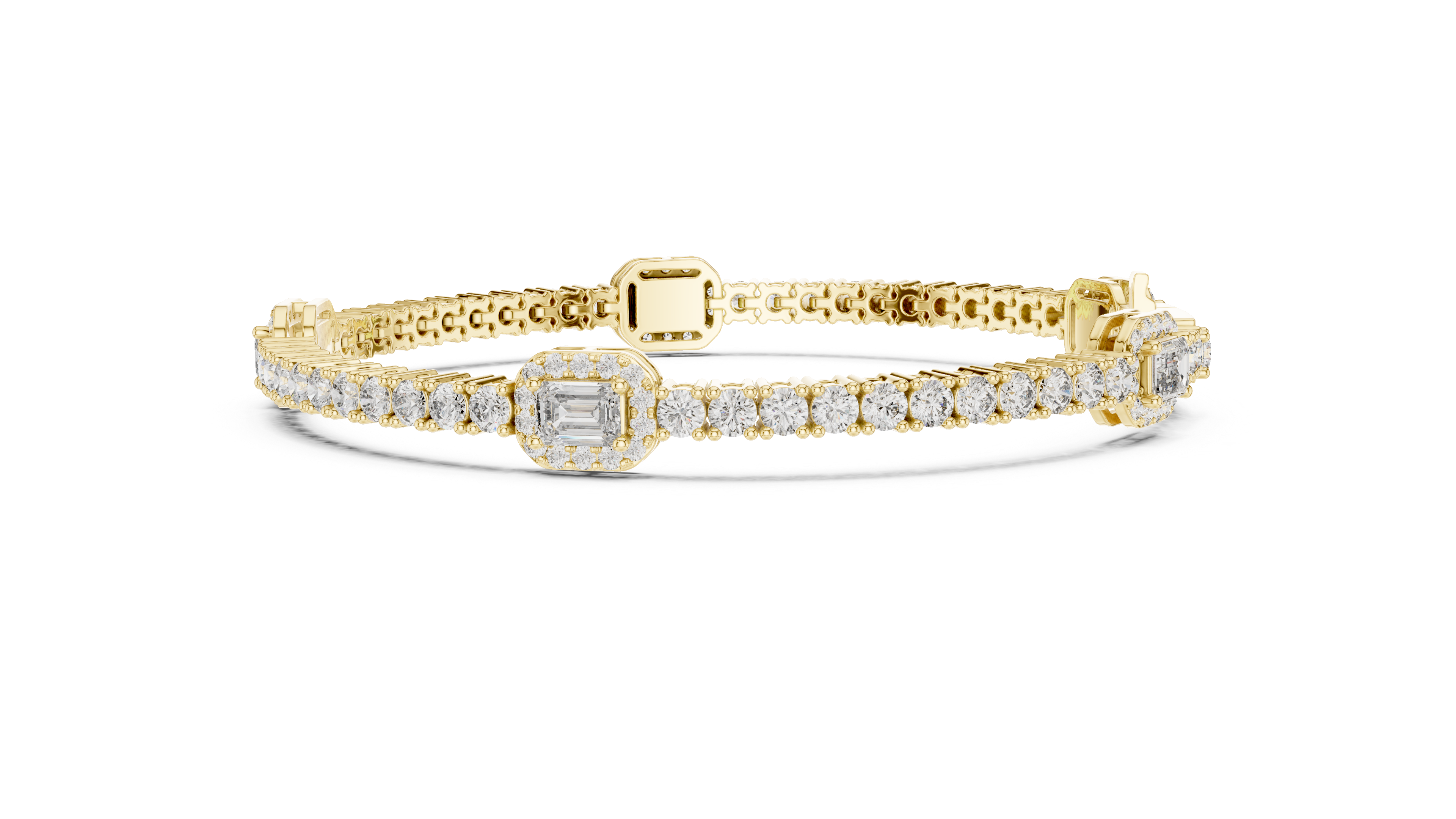 Yellow gold and white diamond tennis bracelet with emerald-cut center stone and pave rows
