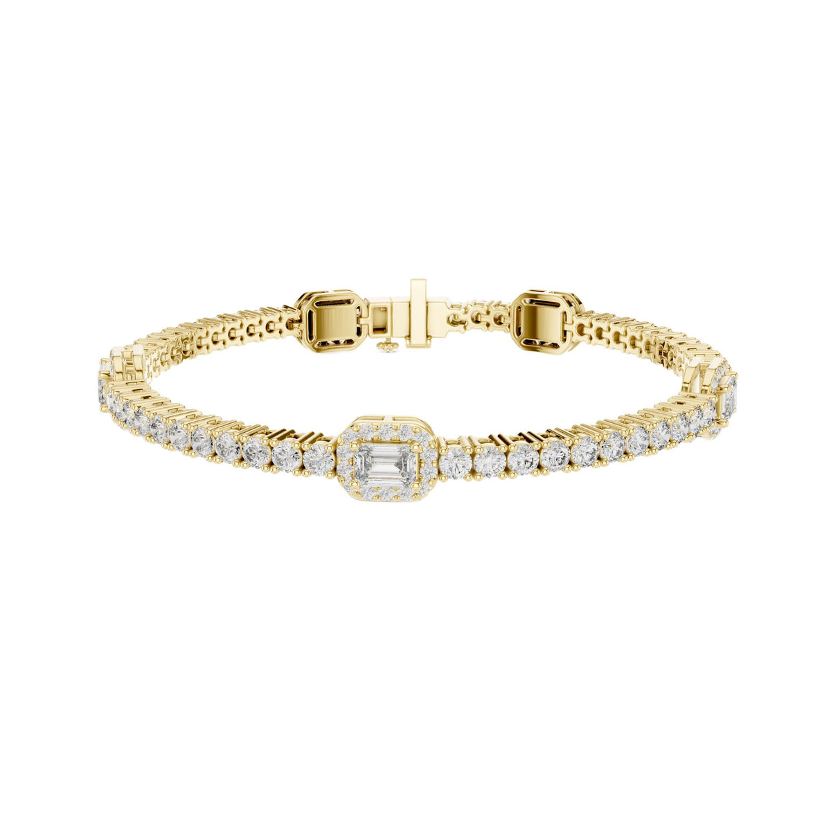 Yellow gold diamond tennis bracelet with emerald-cut center halo and round pave diamonds