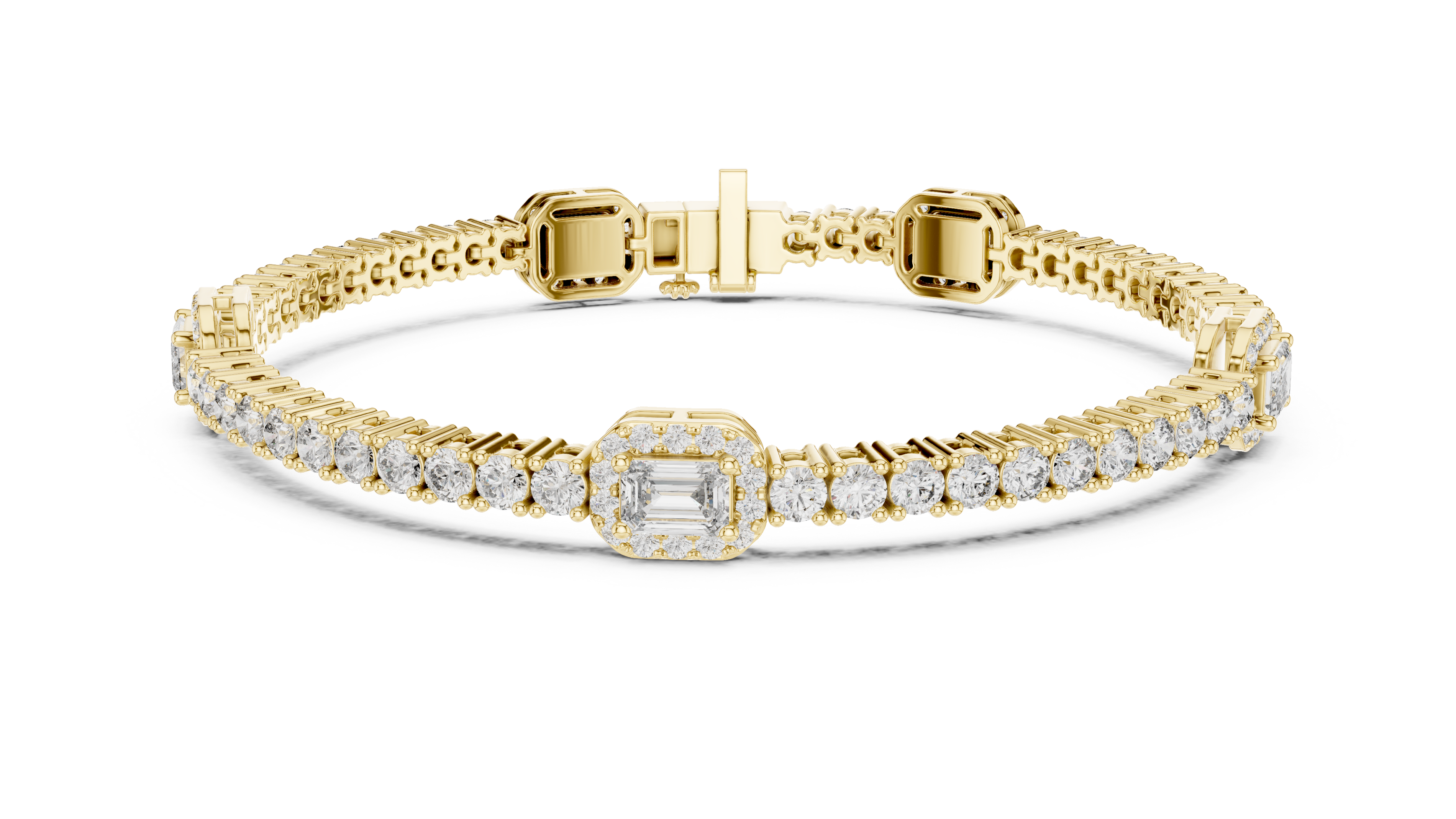 Yellow gold diamond tennis bracelet with emerald-cut center halo and round pave diamonds