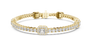 Yellow gold diamond tennis bracelet with emerald-cut center halo and round pave diamonds