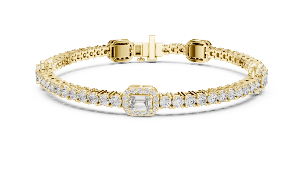 Yellow gold diamond tennis bracelet with emerald-cut center halo and round pave diamonds