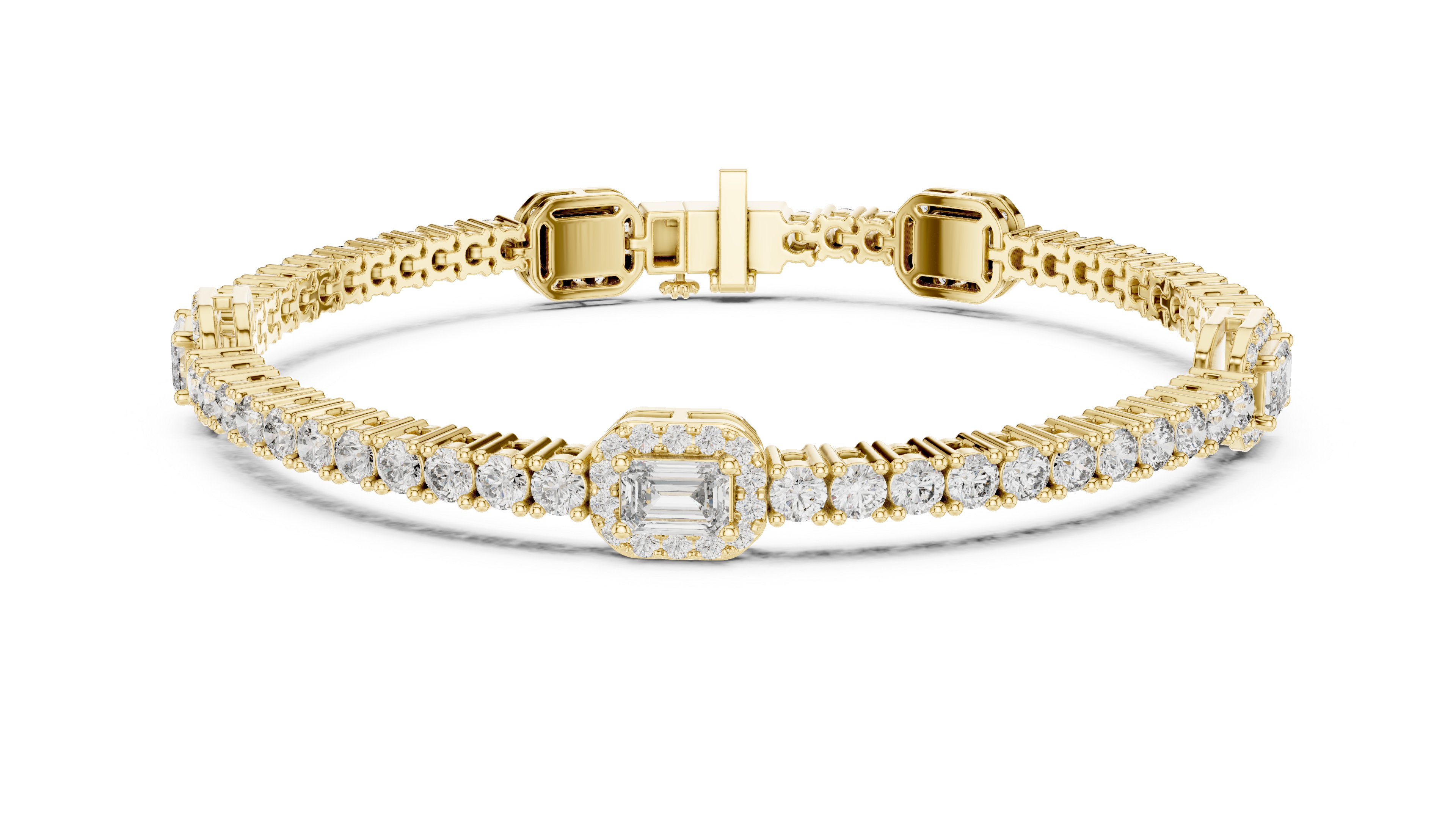 Yellow gold diamond tennis bracelet with emerald-cut center halo and round pave diamonds