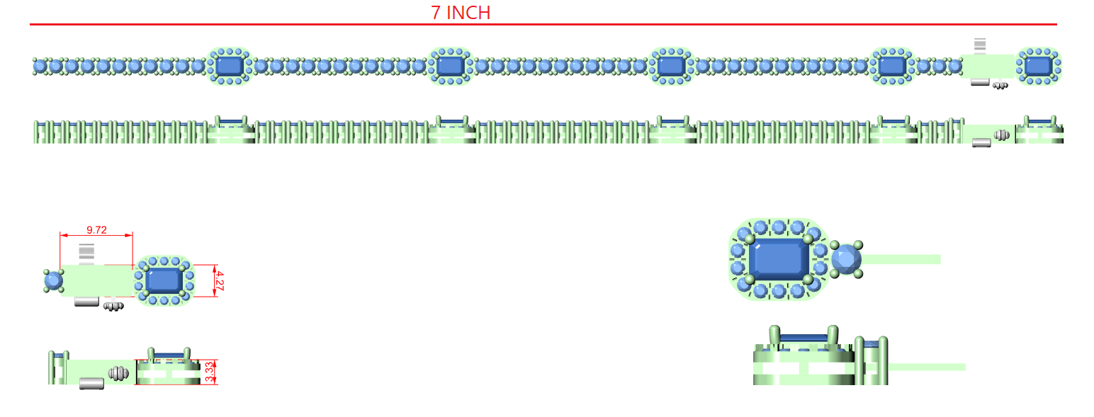 7 inch diamond bracelet sizing diagram with link measurements and clasp view