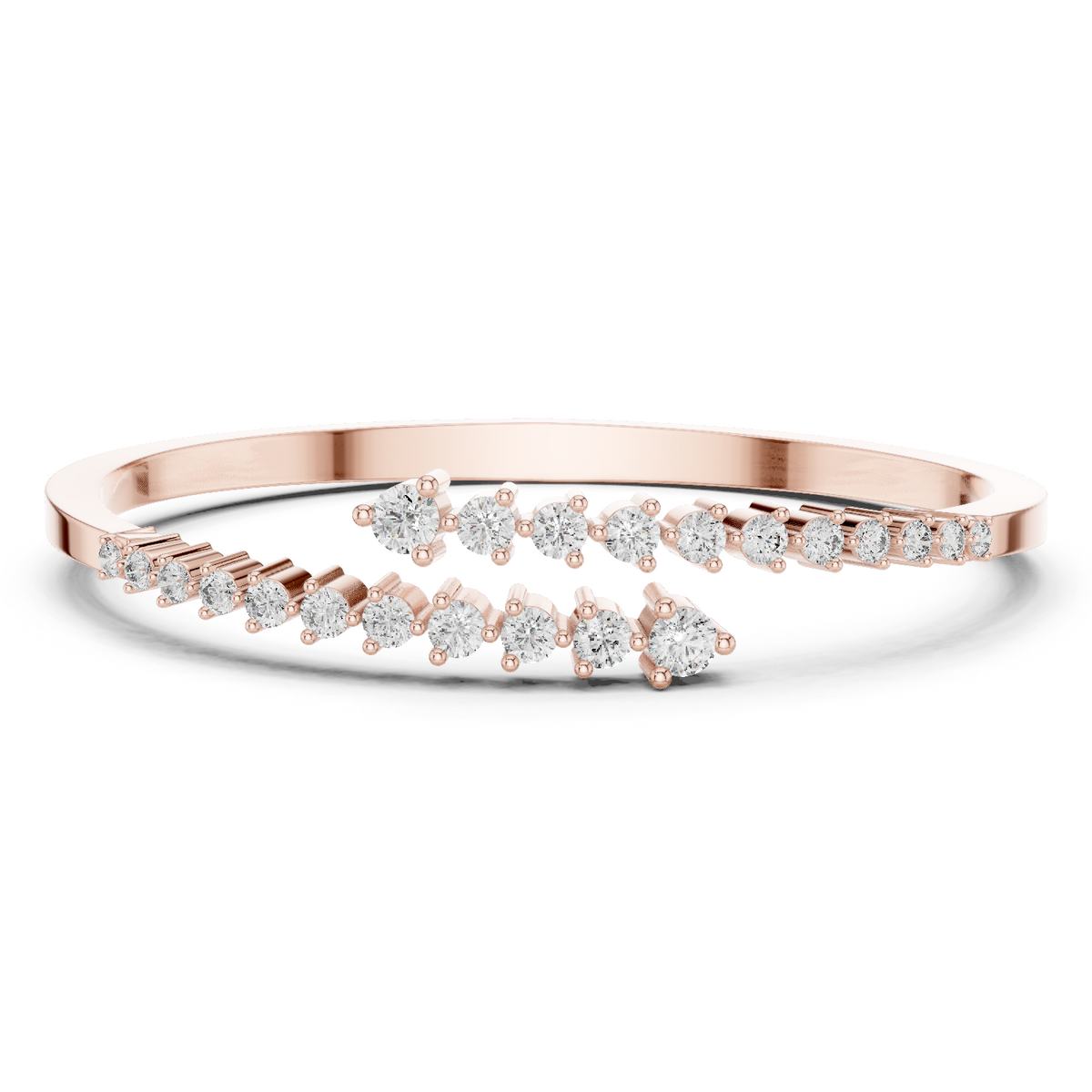 Diamond statement bypass bangle, rose gold with multiple rows of round stones.