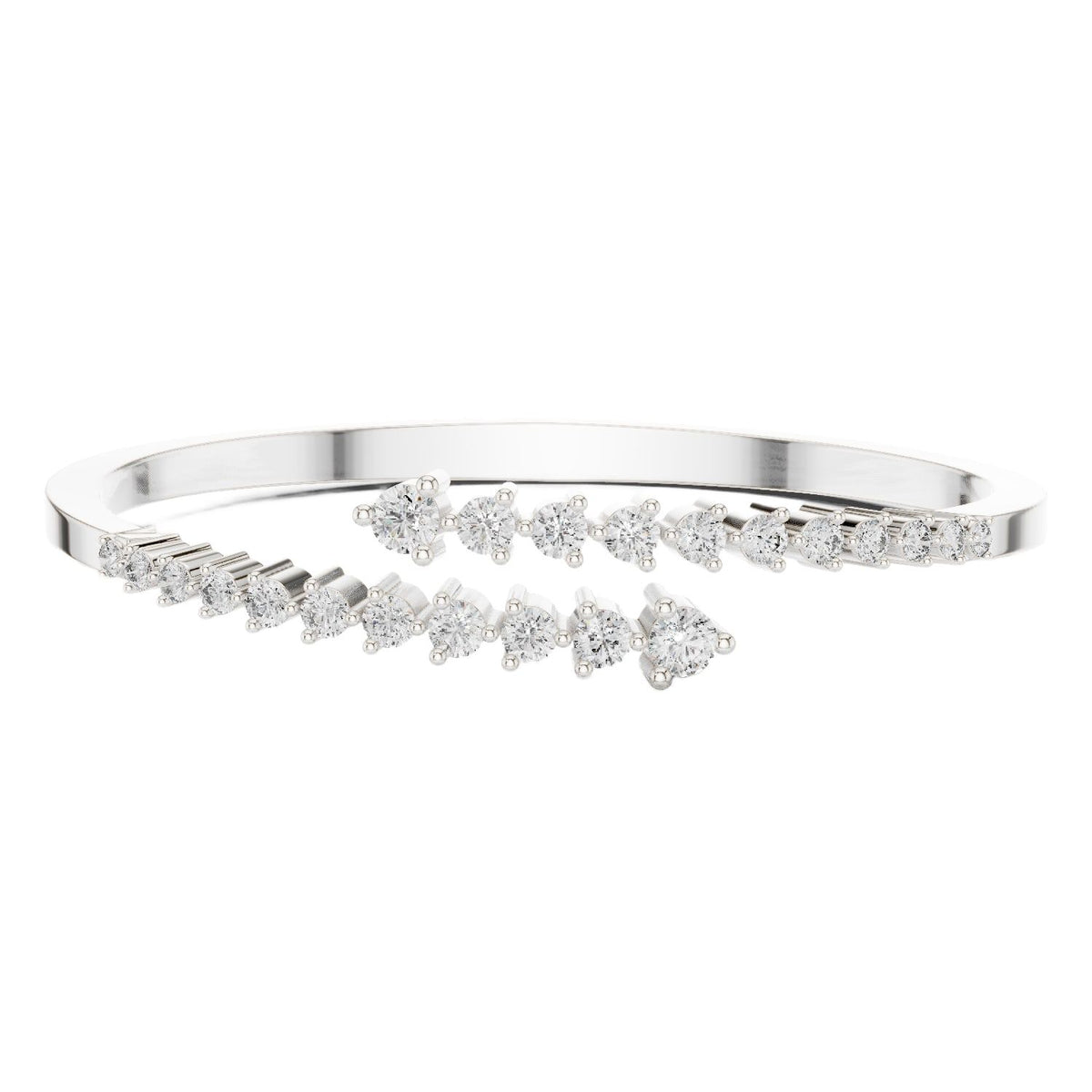 Diamond statement bypass bangle, silver-tone metal with multiple rows of round stones.