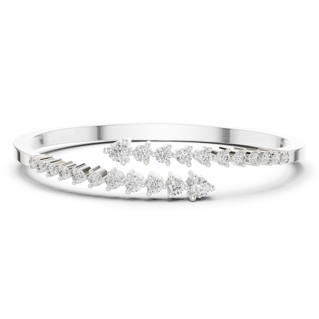 White metal diamond bypass bangle with round stones and repeating row details