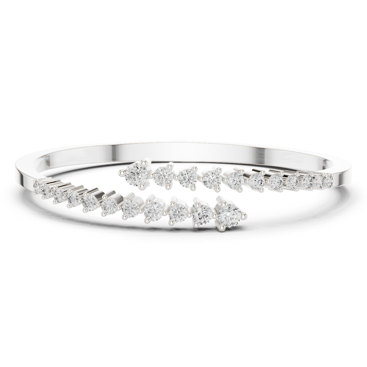 Diamond statement bypass bangle, silver-tone metal with multiple rows of round stones.