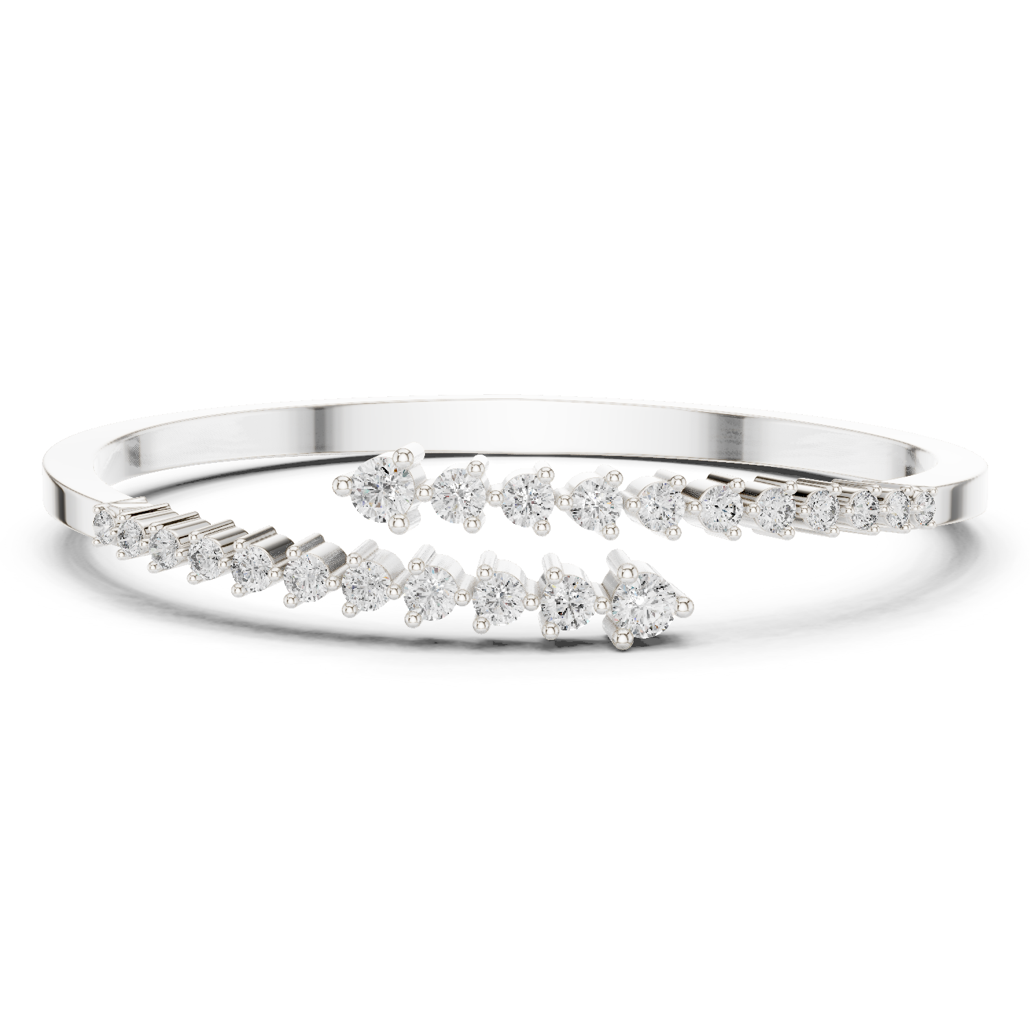 White metal diamond bypass bangle with round stones and repeating row details