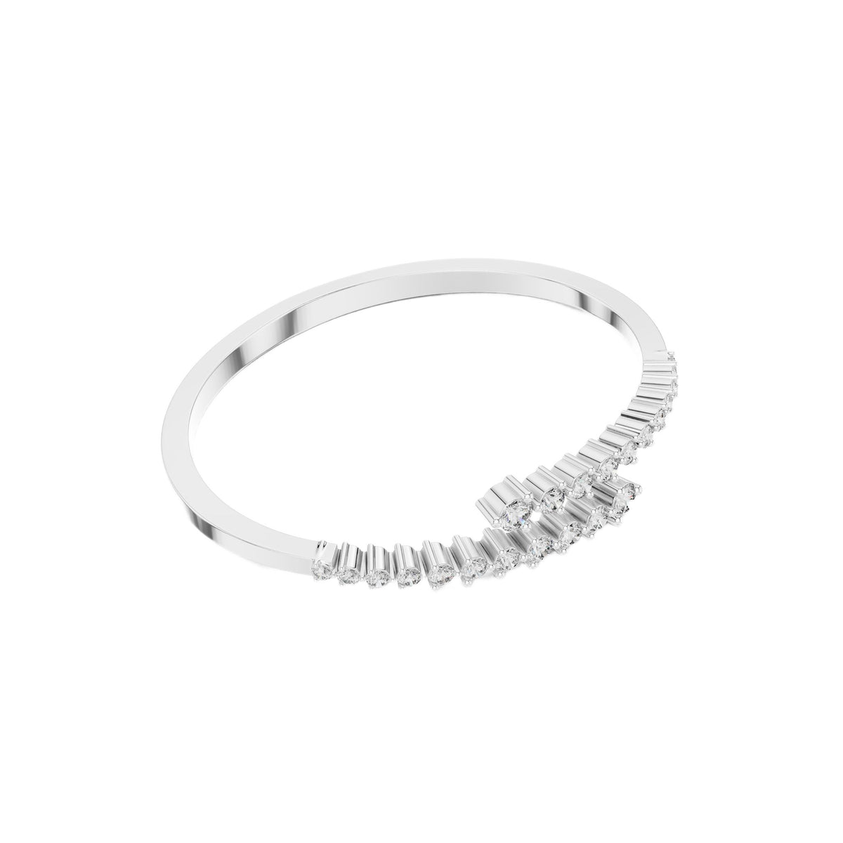 White gold bypass diamond bangle, angled view with pavé round stones.