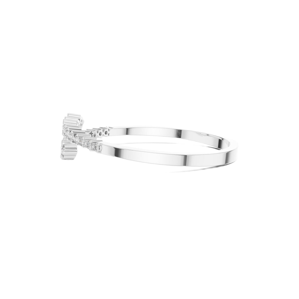 Diamond statement bypass bangle, silver-tone metal with round stones on the top.