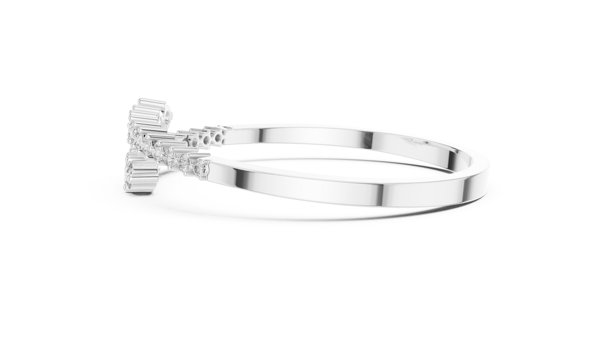 Diamond statement bypass bangle, silver-tone metal with round stones on the top.
