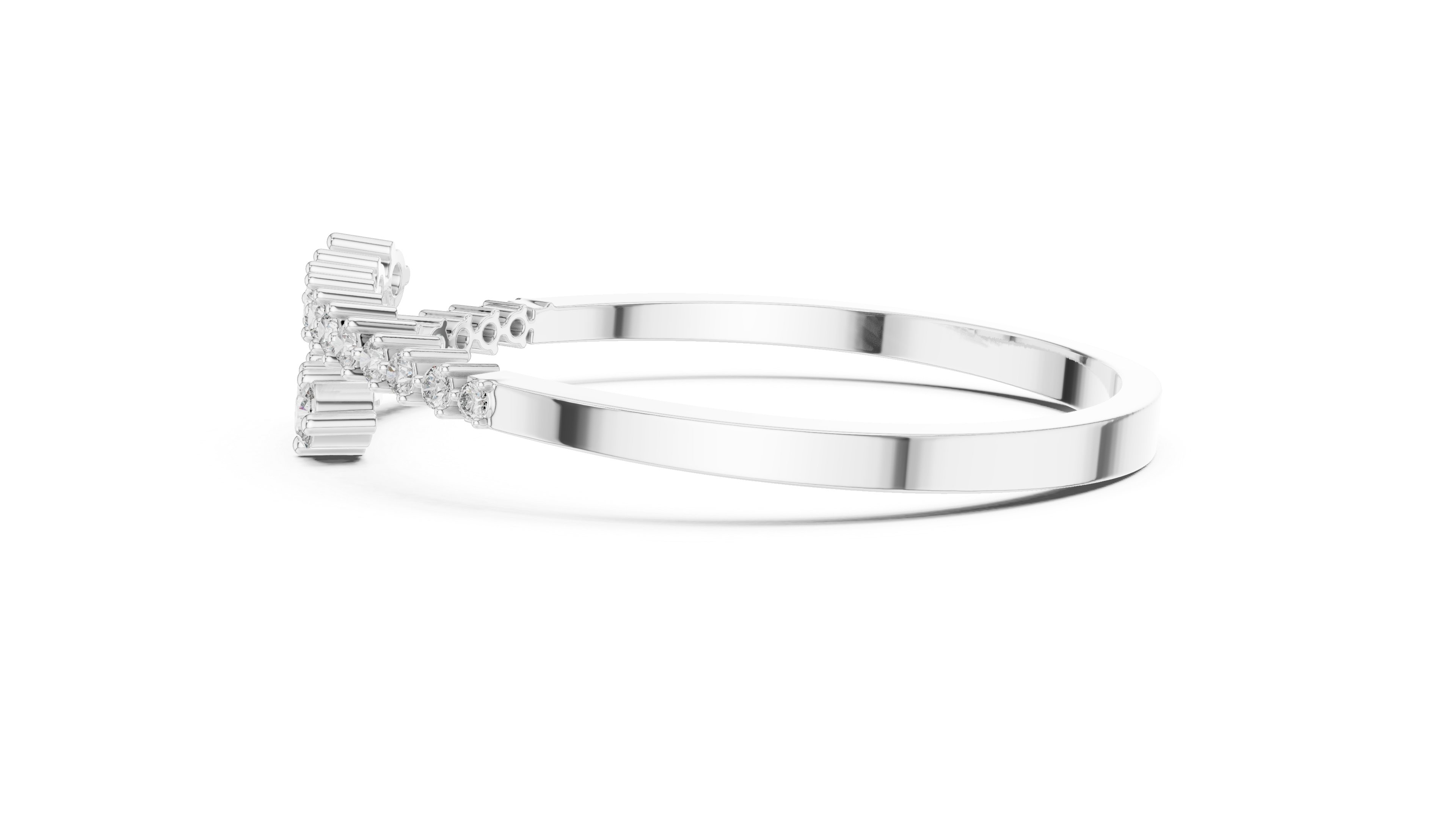 White metal diamond bypass bangle with clustered round stones, side view