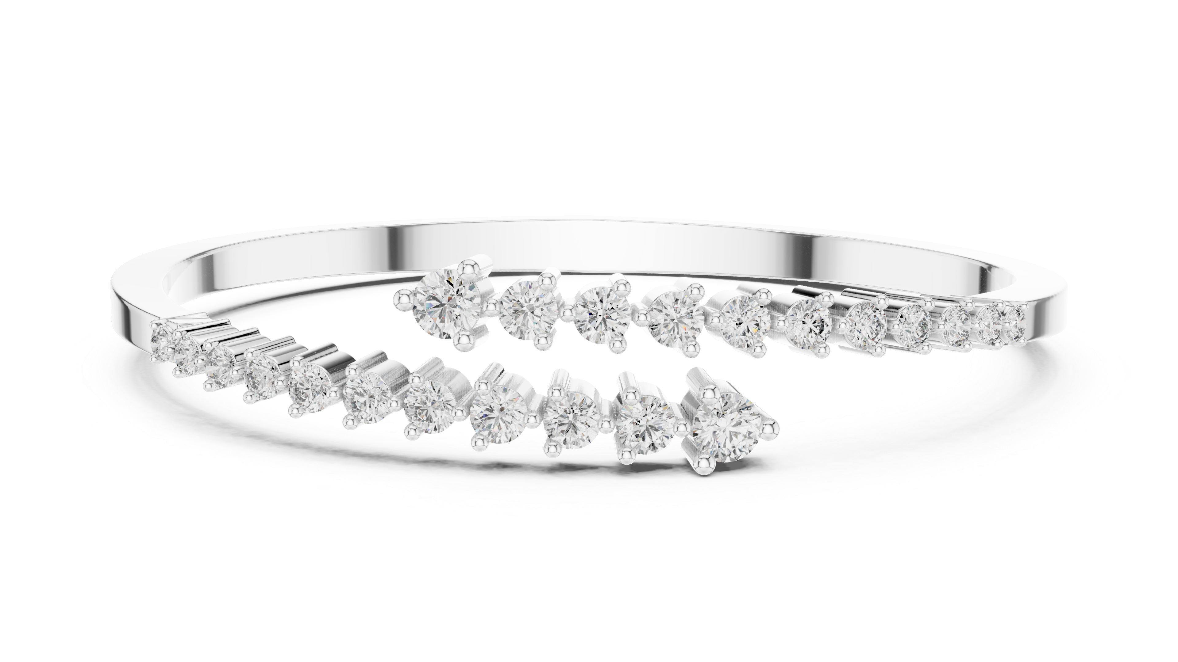 White gold bypass bangle with round diamond pavé accents.