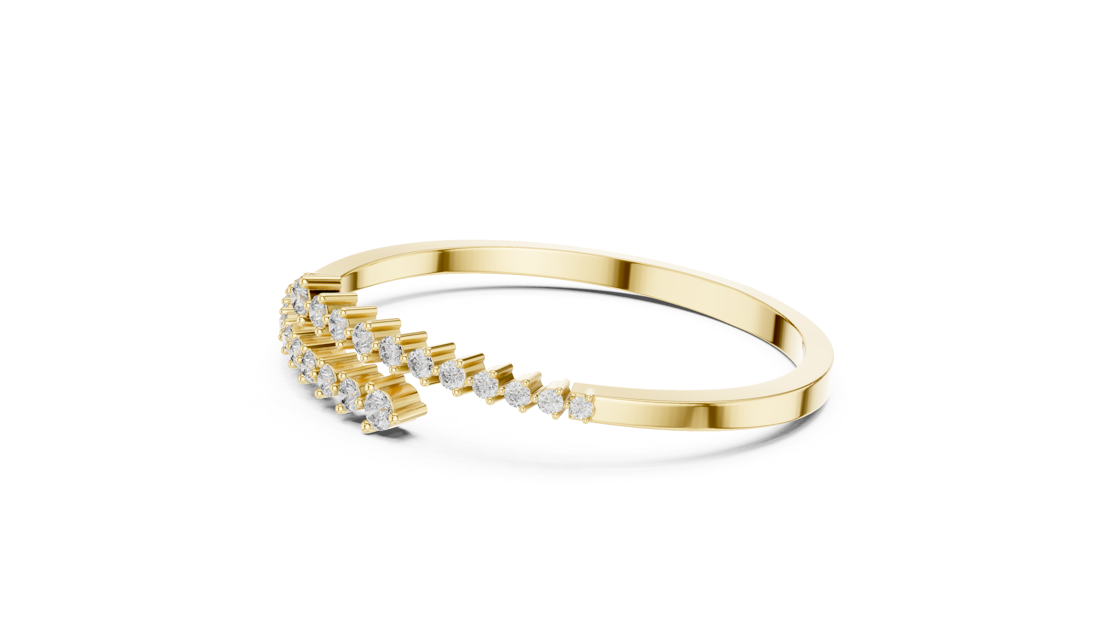 Yellow gold bypass bangle with round diamond pavé accents, angled view.